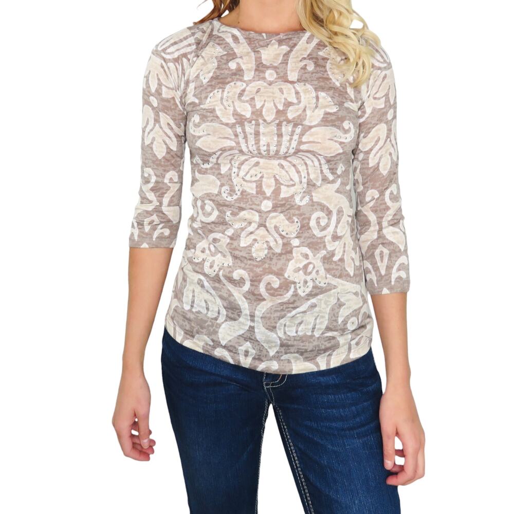 Y2k Inc. International Concepts Cream Paisley Swirly Casual 3/4 Sleeve Blouse - Picture 2 of 8